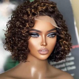 Short Bob Curly Human Hair Highlight Wigs Pre Plucked Real Full Lace Wig Brazilian Hair Pixie Cut Curly HD Transparent Full Lace Human Hair Wigs For Woman 150% Density #1B/27 Deep Wave 10Inch