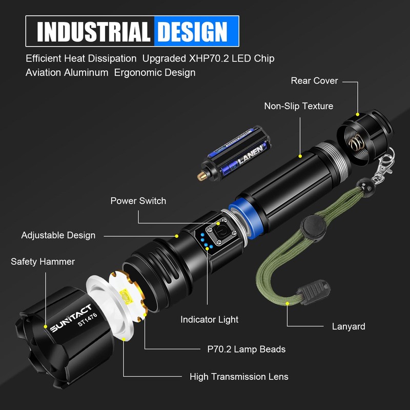 Sunitact Flashlights High Lumens, Rechargeable Flashlight Led 2000 Lumen XHP70.2,