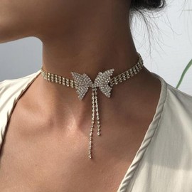 Aukmla Butterfly Necklace Silver Crystal Necklaces Chain Butterfly Choker Necklace for Women and Girls