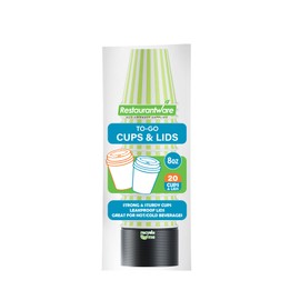 Restaurantware 8 Ounce Disposable Coffee Cups With Lids, 20 Hot Cups With Lids - Sleeves Sold Separately, Single Wall, Green And White Stripe Paper Coffee Cups, For All Kinds Of Beverages