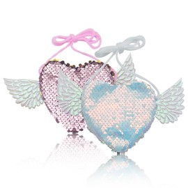 BSITSSS 2 Pieces Children's Purse, Sequin Purse, Angel Love Heart Purse Satch Purse for Girls Children Teens Women Birthday Gift Party Bag Party, Silver White and Pink Gold, Angel Love Heart Sequins