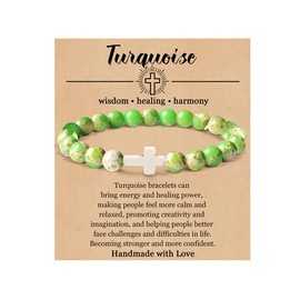 tenghong2021 Christian Gifts Stress Relief Healing Crystal Yoga Bracelets for Women Men Stretch Natural Stone 8mm Beaded Round Gemstones Jade Jewelry Protection Gifts With Message Card-Turquoise