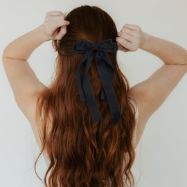 MIKONIKO Bow Hair Clips 2PCS Set for Women and Girls - Black White Ribbon Bows for Hair, with Long Tail, Alligator Clip (Black & Red)