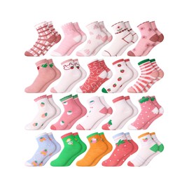 Fourluoo 20 Pairs Girls Socks Bulk Toddler Girl Cotton Kids Strawberry Flower Crew Cute Socks for Little Girls(Lovely,3-5 Year)