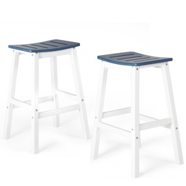 Aoodor 28'' Outdoor Bar Stools, HDPE Patio Bar Height Saddle Stools with Footrest, Set of 2, Navy Blue