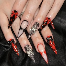 Long Almond Press on Nails Black Fake Nails with Designs Glossy 3D Silver False Nails Stiletto Nails Press ons Lace Rhinestone Acrylic Nails Nude Red Glue on Nails Long Bow Stick on Nails for Women