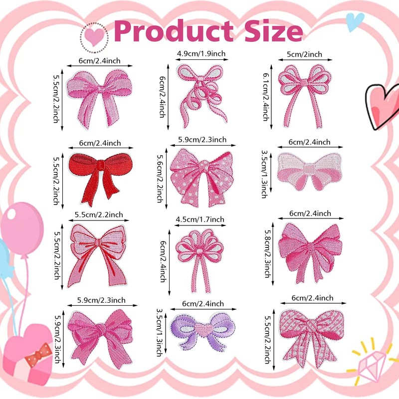 Bow Patches, 12 Pieces Pink Embroidered Patches, Bow Patch Stickers,