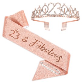 BRT Bearingshui Rose Gold 23th Birthday Sash, Tiara and Crown Set for Girls - Fabulous 23 & Happy Birthday Party Favor Supplies
