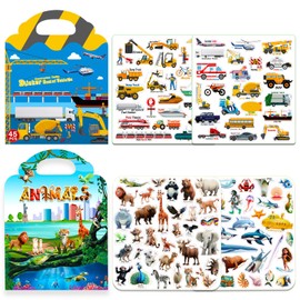 2pack Reusable Sticker Books for Kids 2-4,Vehicle Cars & Animals 3D Jelly Stickers Activity Busy Book for Toddlers Boys Girls Road Trip Airplane Train Car Travel Essentials Toy - 112pcs Stickers