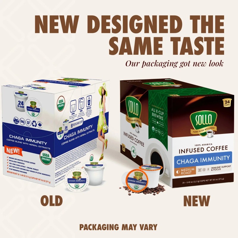 Sollo Infused Chaga Coffee Pods, Medium Roast, For Keurig Brewers,