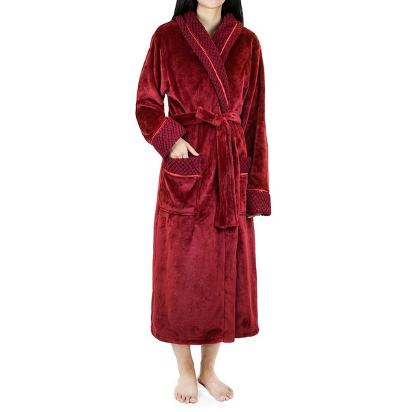 PAVILIA Soft Plush Women Fleece Robe, Wine Red Maroon Cozy Bathrobe, Female Long Spa Robe, Warm Housecoat, Satin Waffle Trim, 2XL/3XL