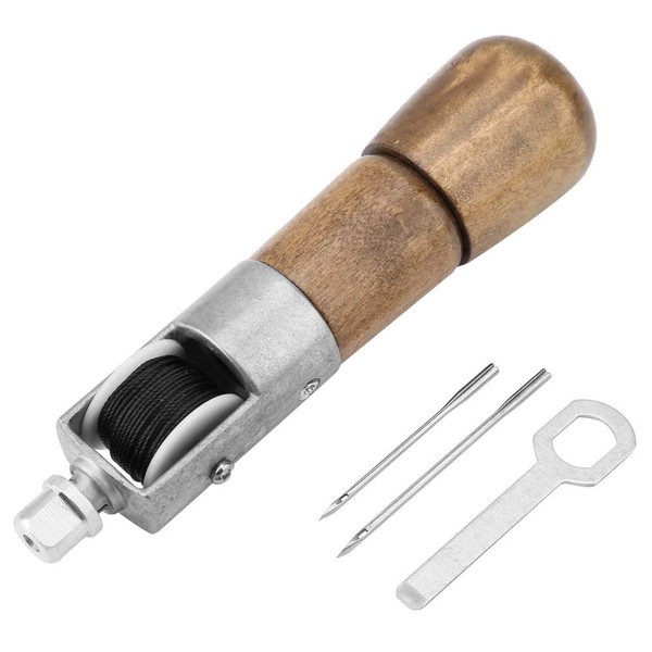 Fyearfly Sewing Awl Tool Kit with Automatic Stitching Leather Craft with 2 Replacement Needles and Wooden Handle for Woodworking
