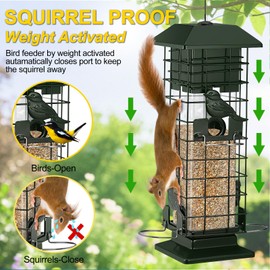 Squirrel Proof Bird Feeder for Outdoors Hanging, Yongblus Metal Wild Bird Feeders, with Weight Activated Perches 4 Ports, 3Lb Capacity Squirrel Proof Bird Feeder for Outside, Cardinal, Finch, Bluebird