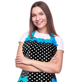 Violet Mist Lovely Retro Cute Aprons for Women with Pocket Blue Polka Dot Vintage Aprons for Girls Ruffle Frilly Apron Ladies Christmas Apron Kawaii Cotton 50s Maid Kitchen Aprons for Cooking Baking