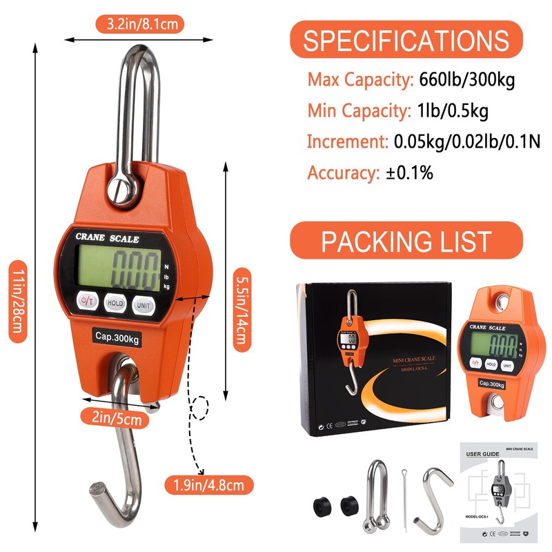Outmate 660lb/300kg Digital Crane Scale - Compact LCD Handheld Hanging