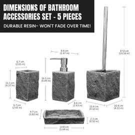 OMEPAX Bathroom Accessories Set - Silver Soap Dispenser, Toothbrush Holder, Soap Dish, Toilet Brush & Toilet Brush Holder - Grey Stone Bathroom Accessories Set - Modern Bathroom Organizer Set