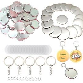YiiYiiGO Button Maker Keychain Supplies, 50 Sets Pin Making Kit for 2.28"/58mm Pin Maker Machine with Metal Shell Keychain Back Cover, Metal Top Cover, Clear Film and Chain Head