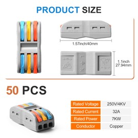 Wire Connectors Nuts, 50pcs 3 Conductor Compact Splicing Wire Connectors, 3 in 3 Out Lever Wire Nut, 3 Circuit Inline Splices 28-12 AWG