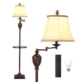 Traditional LED Floor Lamp with 350° Adjustable Swing Arm Lamp – Vintage Standing Pole lamp for Living Room, Bedroom and Office – Rustic Upright Floor Light for Home Décor with Silk Fabric Shade