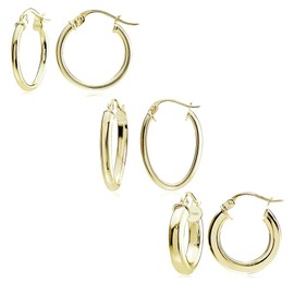 Gold Flash Sterling Silver Polished, Square-Tube and Oval Shaped 15mm Hoop Earrings, Set of 3