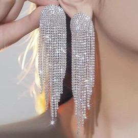 Chandelier Earrings for Women Tassel Earrings Bridal Earrings Sparkly Prom Earrings Rhinestone Dangle Earrings for Girls (Silver)