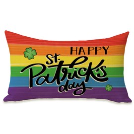 Fahrendom Happy St Patricks Day Lumbar Decorative Rectangle Pillow Cover 12 x 20, Rainbow Lucky Shamrock Clover Porch Patio Outdoor Pillowcase, Spring Irish Sofa Couch Cushion Case Home Decor
