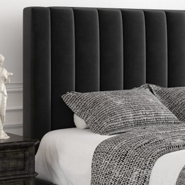 Allewie Queen Bed Frame/Velvet Upholstered Bed Frame with Vertical Channel Tufted Headboard/Strong Wooden Slats/Platform Bed Frame/Mattress Foundation/Box Spring Optional/Easy Assembly/Black