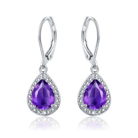 Barzel 18K White Gold Plated Created Amethyst Drop Earrings With Diamon Accent (Amethyst)