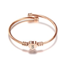 KunBead Initial B Letter Bracelets Heart Charm Rose Gold Alphabet Bangle Cuff Wristband Bracelets Expandable Stainless Steel Bracelets for Women