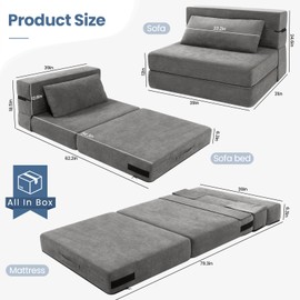 SEJOV Convertible Folding Sofa Bed, Floor Sofa Futon Couch with Back Supportive, Sleeper Chair with Fluffy Pillow, Comfy Foldable Mattress for Living Room,Guest Use,Dorm,Apartment, Linen, Grey