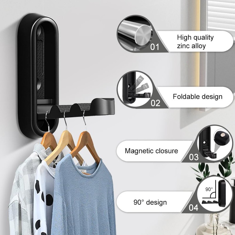 NEW NOAM 2pcs Foldable Hooks for Entryway, Black Folding Wall