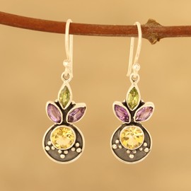 NOVICA Artisan Handmade Multigemstone Dangle Earrings 3carat from India Sterling Silver Citrine Amethyst Peridot Birthstone [1.5 in L x 0.4 in W x 0.1 in D] ' Glittering Melody'
