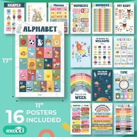 EXCOOL CLUB 16 Boho Educational Posters For Toddlers 1-3, Toddler Learning Posters For Kids Ages 3-5, Kindergarten Classroom Must Haves, Laminated Abc Number Chart Prek Classroom Decor Preschool