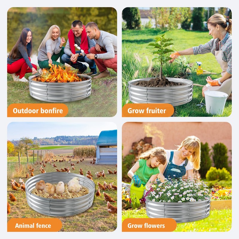 4FT Galvanized Fire Pit Ring, Foldable 48 Inch Silver Round