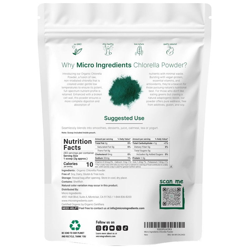 Micro Ingredients Organic Chlorella Powder, 20 Ounces | Broken Cell