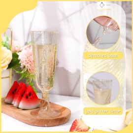 mwellewm 50 Pcs Plastic Champagne Flutes, Disposable Clear Champagne Glasses, Mimosa Glasses 5oz Plastic Wine Glasses, Assemble Plastic Champagne Cups for Party Wedding Cocktail Cups (Gold Glitter)