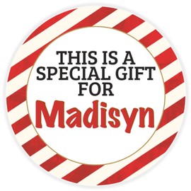 This is a Gift for Madisyn - 10 Pack Circle Stickers 3 Inch - Candy Cane Merry Christmas Gift Tag Present Tree Holiday Custom Name Santa Claus