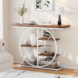 41.3" Console Table for Entryway, Industrial Hallway Sofa Table with Storage Shelves, Narrow Accent Decor Living Room Furniture with Circle Base for Foyer, Entrance, Brown White