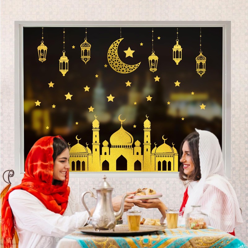 4 Sheets Gold Glitter Eid Mubarak Window Stickers Ramadan Kareem