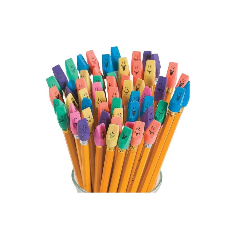 Bright Neon Funny Face Pencil Top Erasers - 1.25" (Pack