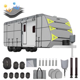 Plscoverit Travel Trailer RV Cover, 24'-26' Camper Cover, 900D Oxford Top Waterproof Rip-Resistant Anti-UV Motorhome Hauler Cover with Zipper Door, Wind Straps, 4 Tire Covers and Gutter Covers