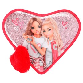 Depesche 12260 TOPModel One Love Filled Heart Pencil Case in Red with Model Motif and Glitter, Pencil Case with Coloured Pencils, Scissors, Ruler and Much More, Pink