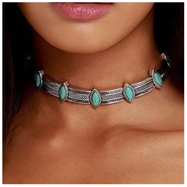 Allereya Vintage Turquoise Choker Necklace Blue Stone Choker Necklace Silver Short Chain Necklace Punk Chunky Collar Necklace Jewellery for Women and Girls