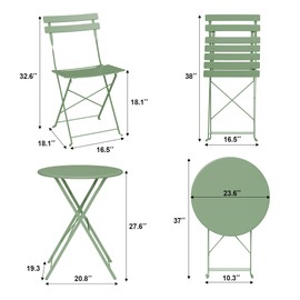 ELETHEBIA Outdoor Patio Chair - Folding Bistro Set with 1 Table and 2 Chairs, Metal Frame for Small Space, Ideal for Indoor, Outdoor, Porch, Lawn, and Balcony,Green