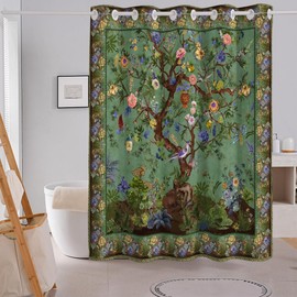No Hook Shower Curtain Boho Floral Hookless Shower Curtain Bohemian Colorful Bright Polyester Fabric Cloth Shower Curtain for Bathroom Decor Decoration Style 76" H x 72w (Green Tree)