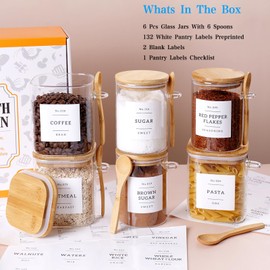 CZSZYGHBAO 6 Pack Glass Jars with Bamboo Lid and Spoons - 17Oz/27Oz Borosilicate Glass Jars with 132 Pantry Labels - for Coffee Beans, Tea, Sugar & More
