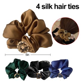 4 Pcs Silk Hair Scrunchies, Upgrade Satin Elastic Soft Large Scrunchy, Ties Scrunchy Bands for Girls & Ladies Thin Thick (Large, Colors), Blue+Green+Coffee+Black