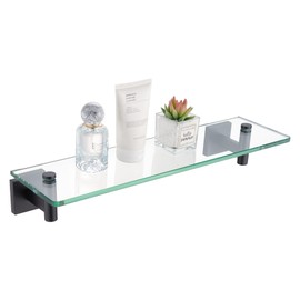 KOKOSIRI Bathroom Shelves Glass Floating Shelf 16-Inch for Bedroom, Living Room, Kitchen, Small Hanging Rack Rustproof Wall Mounted Black B1105BK-L16