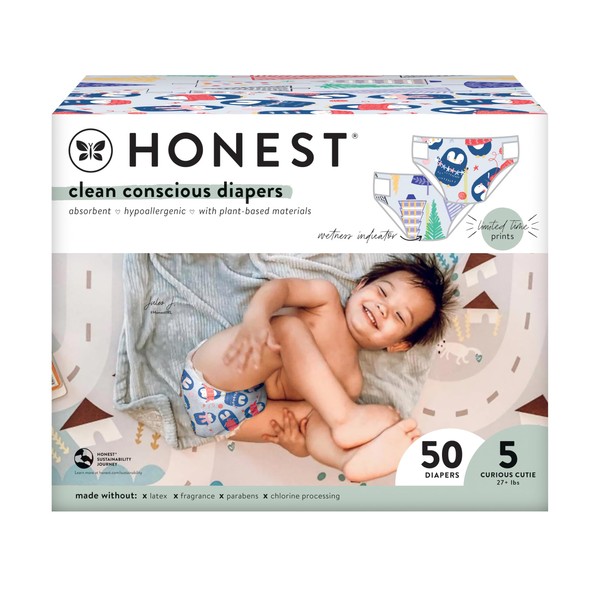 The Honest Company Clean Conscious Diapers | Plant-Based, Sustainable | Winter '23 Limited Edition Prints | Club Box, Size 5 (27+ lbs), 50 Count