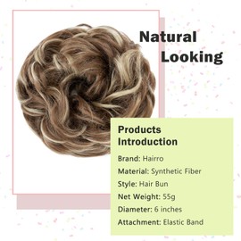 Hairro Messy Hair Bun, Large Messy Bun Hair Piece Wavy Curly Scrunchies 55g Thick Chignon Highlighted Brown Updo Synthetic Extensions Hairpieces for Women Girls, #12H24 Golden Brown Highlighted Ash Blonde